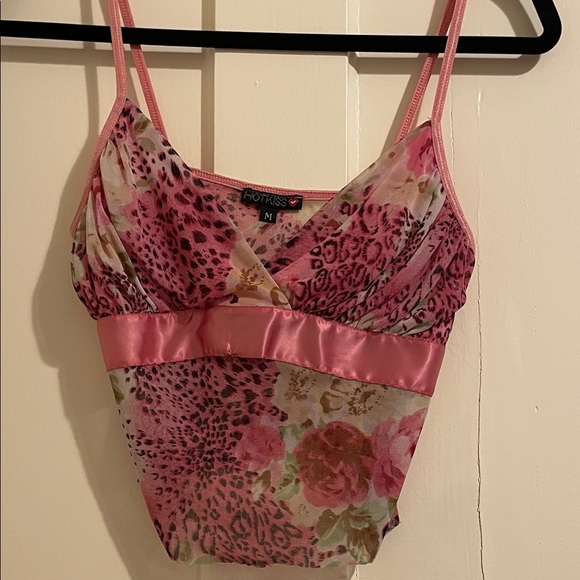 Hot Kiss Tops - Y2K Hot Kiss Mesh Leopard Floral Cami